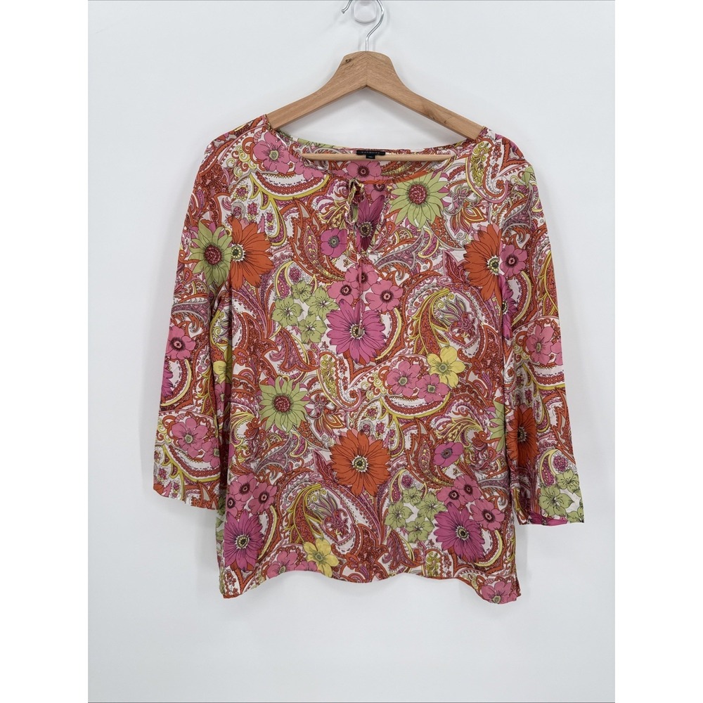 Talbots Womens 100% Silk Floral Paisley Multicolor Blouse Top Size Medium Boho